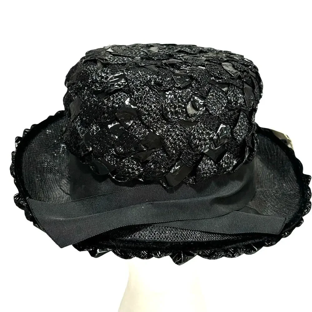 Ladies black straw fedora hat woven white hatband trim bow dressy mid century